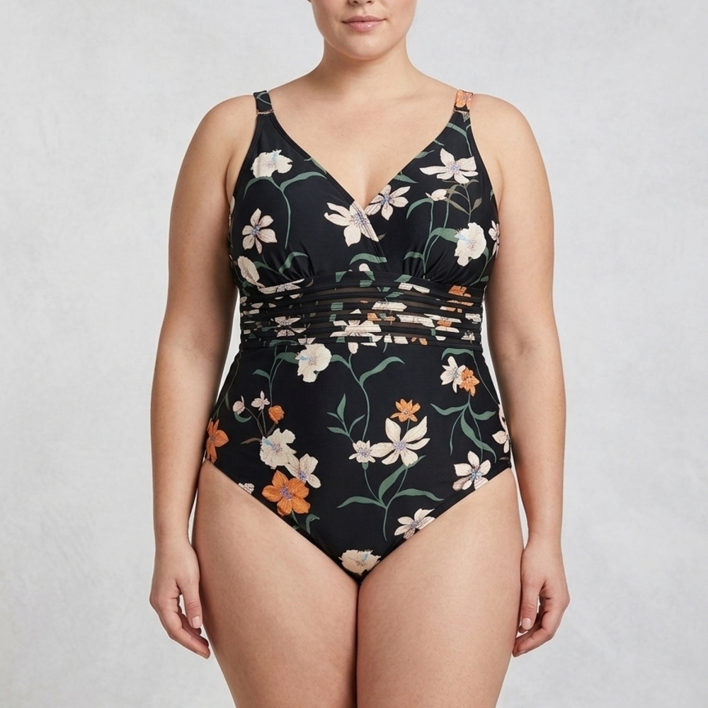 Shade & Shore Black Floral V-Neck One-Piece Swimsuit
